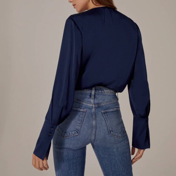 NWT Favorite Daughter The Date Blouse Satin Bodysuit Navy Blue - Picture 3 of 5